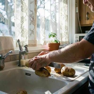 Someone peeling potatoes at a kitchen sink, winter light through lace curtains c
