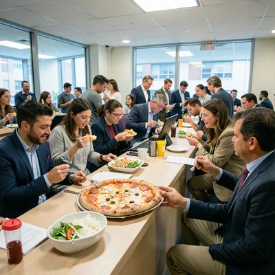 Pizza being delivered to an office reception desk at noon