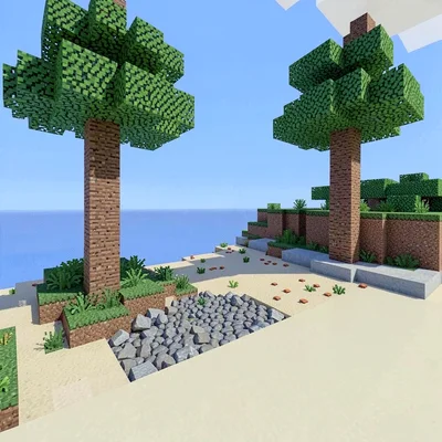 Voxel 3D illustration, voxel beach with palm trees , cubic voxel construction, b