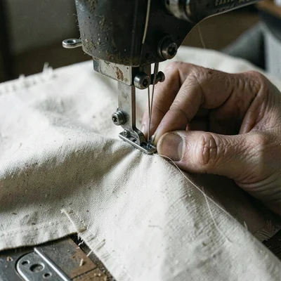Close-up of a sewing machine foot stitching heavy canvas — needle mid-action, fa