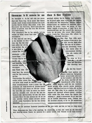 A hand reaching through a torn hole in photocopied text, the hand from a fashion