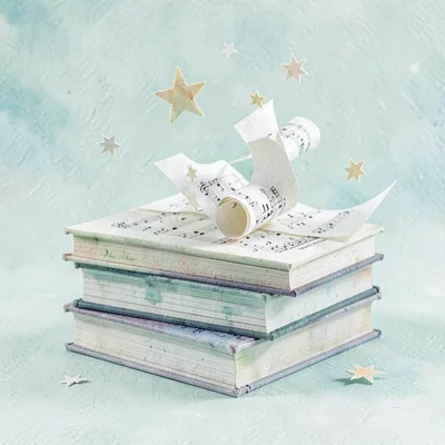 Stacked papercraft music books with curling cut-paper pages spilling stars, calm
