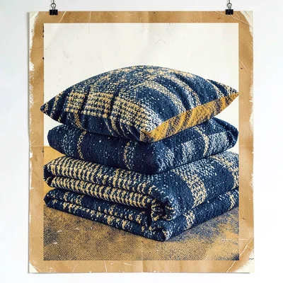 Bold riso poster of a halftone folded blanket and pillow stack in indigo and och