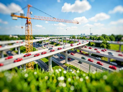 Daytime tilt-shift miniature of a multi-level highway interchange from a tower c