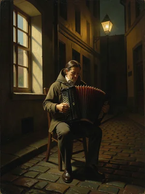 A street musician playing accordion on a cobblestone street, a single streetlamp