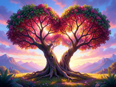 Landscape of love — two trees grown together, branches intertwined, heart-shaped