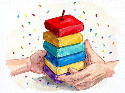 Hands stacking flat painted shapes into a small uneven tower, gouache layers vis