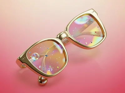 Mirror-finish gold-tinted sunglasses tilted upward on an apricot-magenta gradien