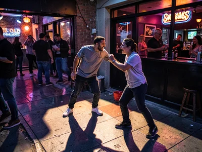 Couple fighting outside a club, their shadows thrown long by competing lights, t