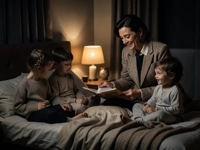 Father reading bedtime story to children, lamp glow, cozy bedroom