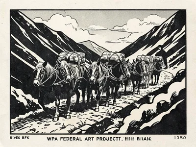 A pack mule train on a narrow mountain switchback, five mules loaded with suppli