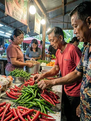 Humid tropical market light in Suva, Fiji, A hand selecting fresh chilies from a