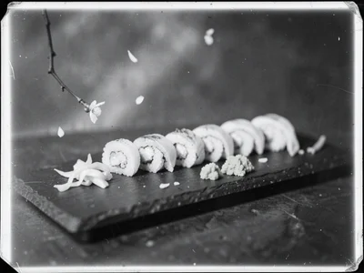 A row of sushi pieces on a long slate board with ginger, wasabi, and a single ch