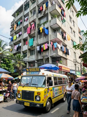 Concrete apartment block with colorful laundry