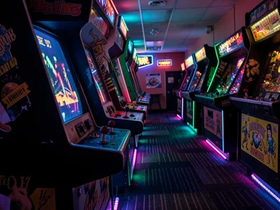Pinball Machine Row with Glowing Backglass
