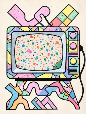 Television set with squiggle frame, screen surrounded by clashing patterns, past