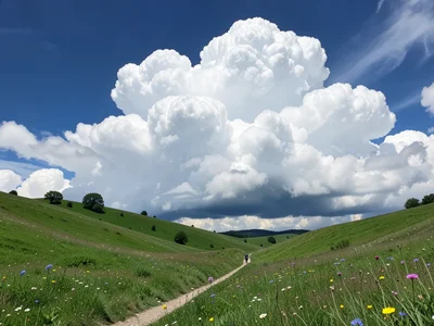 Rolling green hills with wildflowers, enormous cumulus clouds, tiny figure on pa