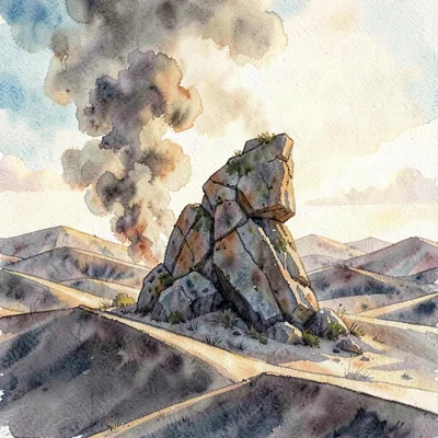 Painterly hero of a lone sentinel rock standing in a smoking field of ash dunes,