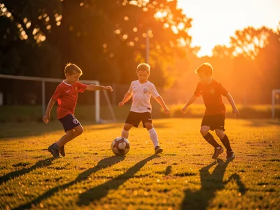 Children playing soccer in evening light