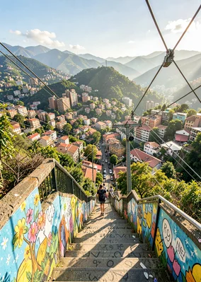 Eternal spring light over transforming Medellín, comuna stairway with community 