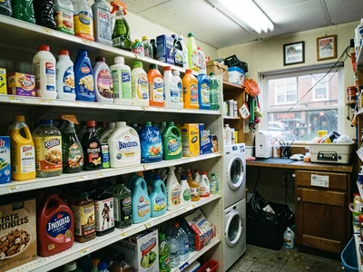 Cleaning supplies shelf, laundry and dish soap, household needs covered