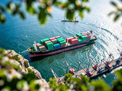 Harbor tilt-shift photograph from a high cliff overlook, freighter loaded with s