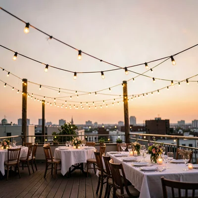 Golden-hour scene of a string of festoon lights glowing over a rooftop dining se