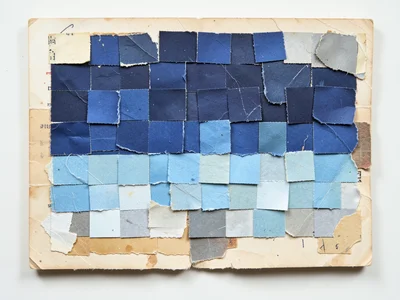 Mosaic of tiny torn paper squares, each a different shade of blue, hand-arranged