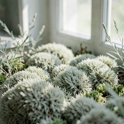 Soft organic texture of pale moss bed under diffused window light, gentle direct