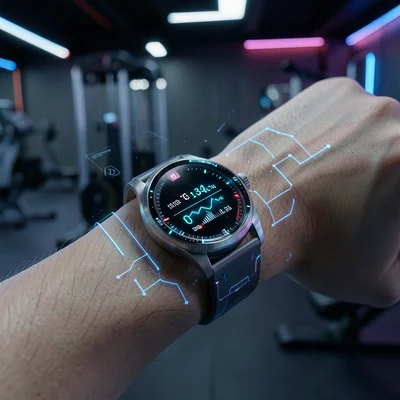 Smartwatch on a wrist displaying health metrics, blurred gym background