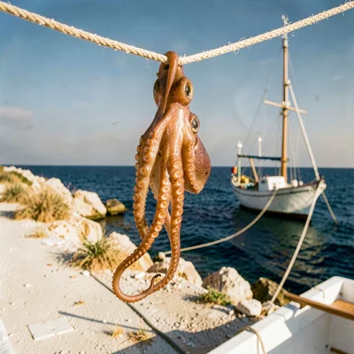 Mediterranean summer photograph, August dry heat, Octopus hanging on a line to d