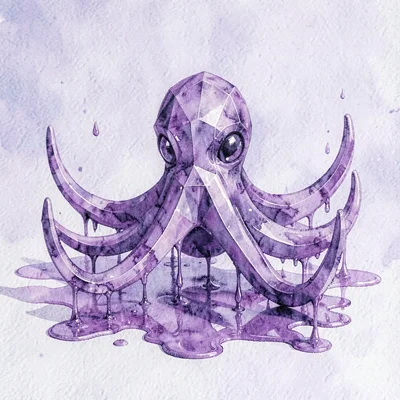 Sleek amethyst lowpoly octopus with tentacles fanned outward, violet facets drop