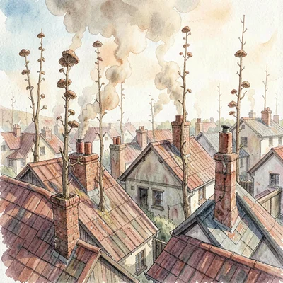 Rooftop view across cellar shanties and crooked chimneys, woodsmoke threading be