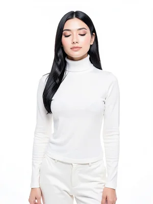 Model in white turtleneck and white pants on white seamless, only her dark hair 
