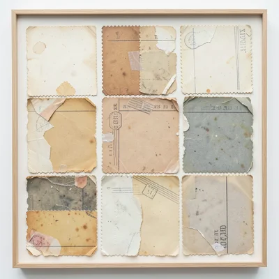 Grid arrangement of torn postage stamp fragments, perforated edges mixed with to
