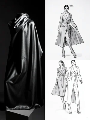 Fabric draping on form, photo transitioning to fashion figure croquis sketch