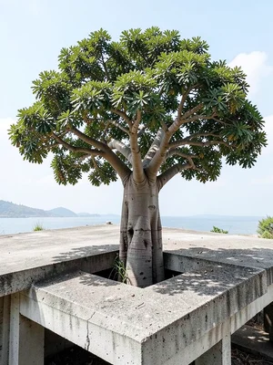 Baobab tree growing through hole in brutalist concrete platform, life vs structu