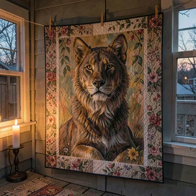 Warm vertical hero of a finished quilt hanging on a porch line, candlelit glow a