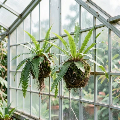 Botanical of staghorn ferns mounted on a glasshouse wall