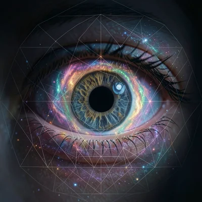 Eye close-up merged with galaxy spiral, iris as nebula, double exposure
