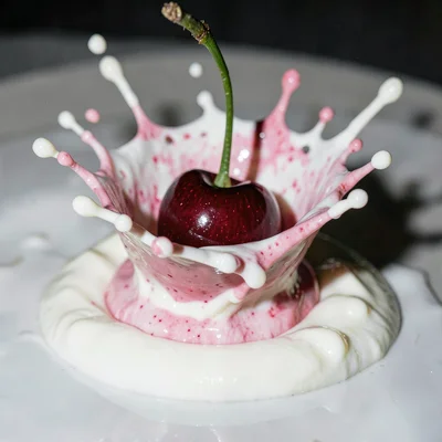 Cherry dropped into cream creating frozen splash crown of pink and white