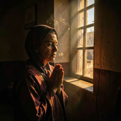 Dramatic light through darkness in Addis Ababa, Ethiopia, Woman's face in prayer