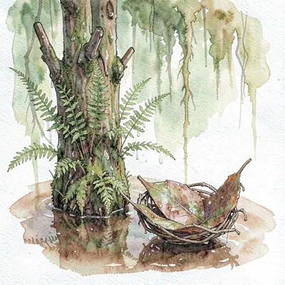 Damp cypress knee covered in tiny ferns rises beside a fallen leaf cradle where 