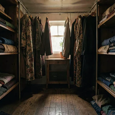 Atmospheric interior of the back-room steamer rack with hung silks catching low