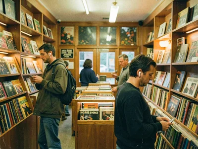 Record store from 1980s with customers wearing AirPods