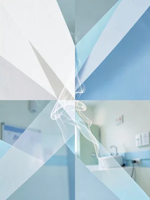 Hospital antiseptic shown as sharp white and pale blue geometric angles