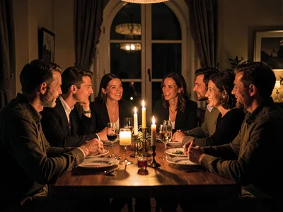 Dinner party by candlelight, faces around table glowing, the pre-electric social