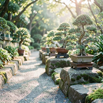 Garden walkway lined with display stones holding individual bonsai trees, soft a