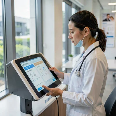 Documentary photography, unposed moment, Patient check-in kiosk at modern clinic