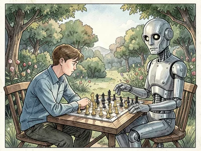 Chess with robot in garden